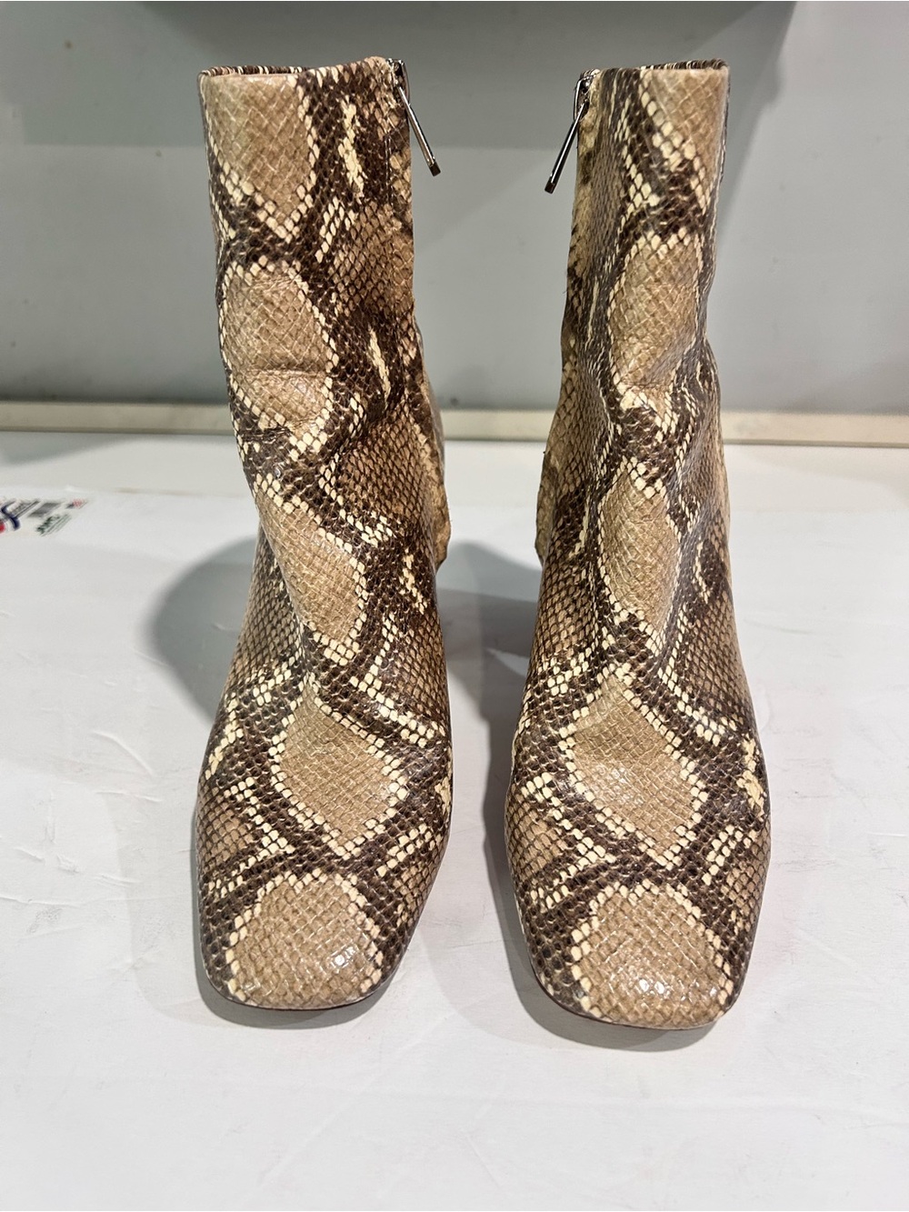 Sam Edelman Snake-Effect Square Toe Ankle Boots in Beige and Brown
